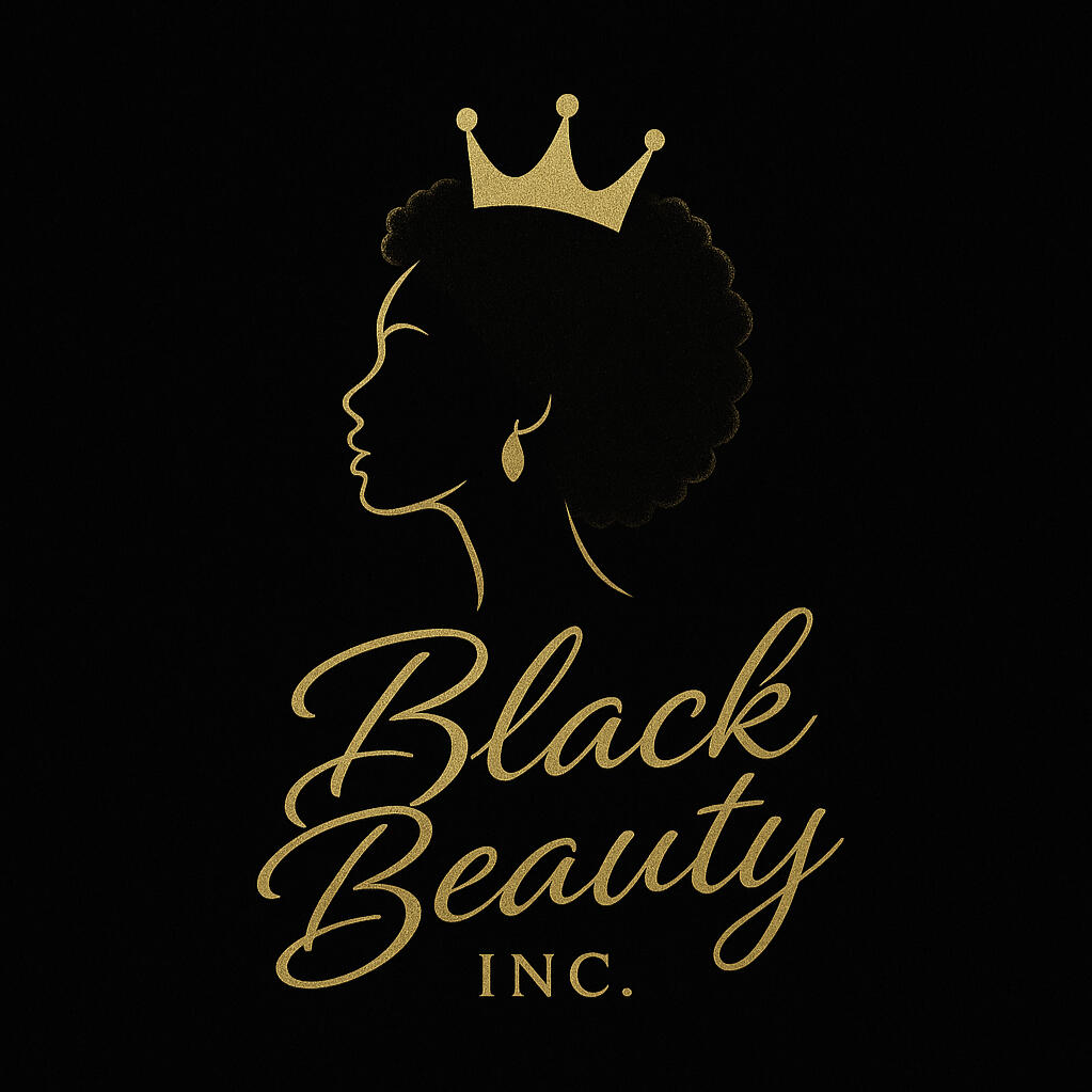 Elegant Afrocentric Logo for Black Beauty Inc. Gold silhouette logo of a crowned Black woman with an afro, paired with elegant script reading "Black Beauty Inc." on a black background.